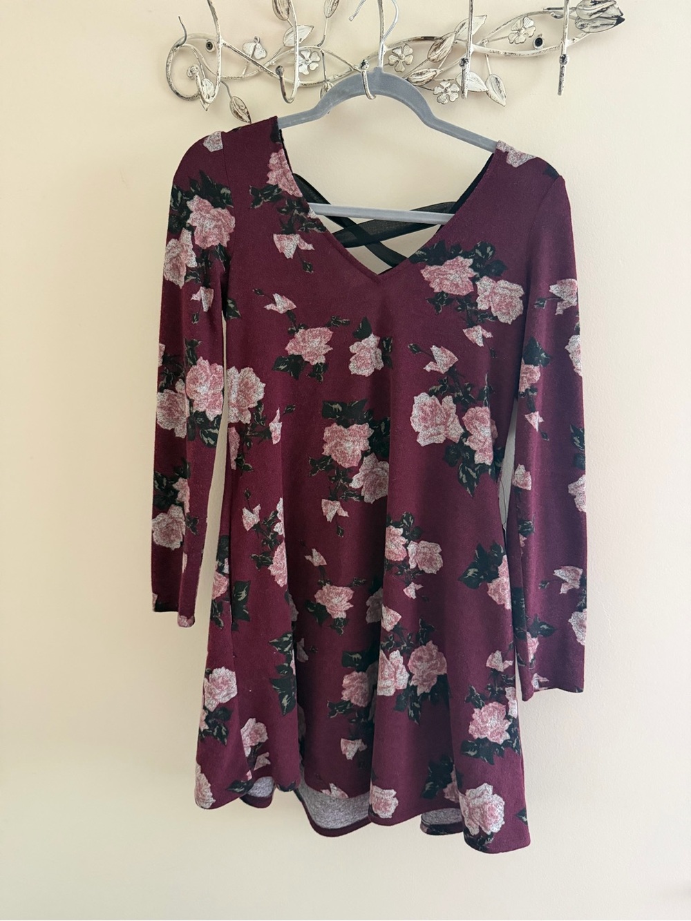 A. Byer Burgundy Floral V-Neck Dress